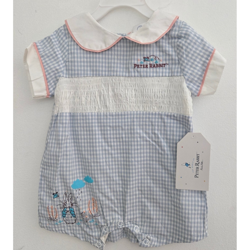 Peter Rabbit Beatrix Potter‎ Baby Gingham Smocked Romper Blue White 6M NWT
